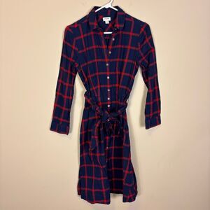 J. Crew Navy Blue & Red Plaid Collared Button Down Long Sleeve Dress 0